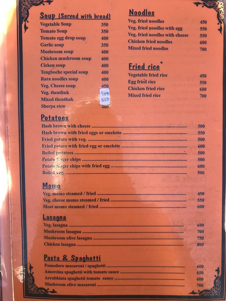 Menu in restaurant on track